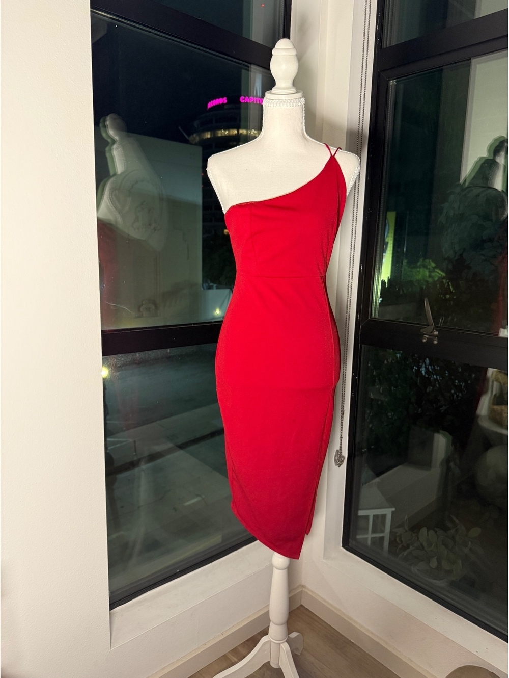 Fashion Nova red one-shoulder bodycon midi dress